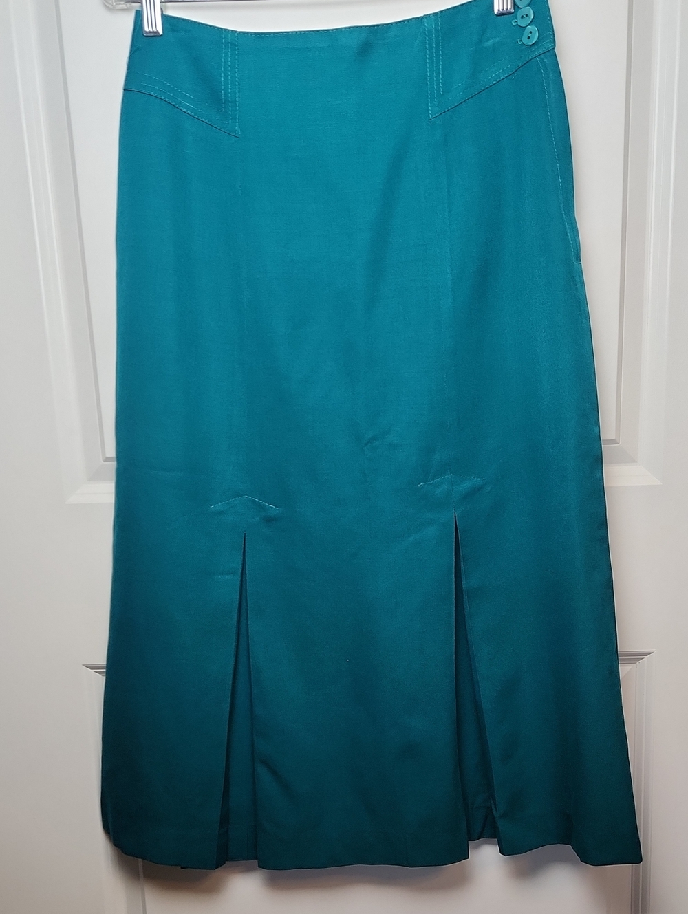 Vintage 80's Wool Teal A-Line Midi Skirt with Front Pleats Size 10